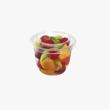 Vasetto per yogurt completo di tappo, trasparente, ripieno di macedonia di frutta